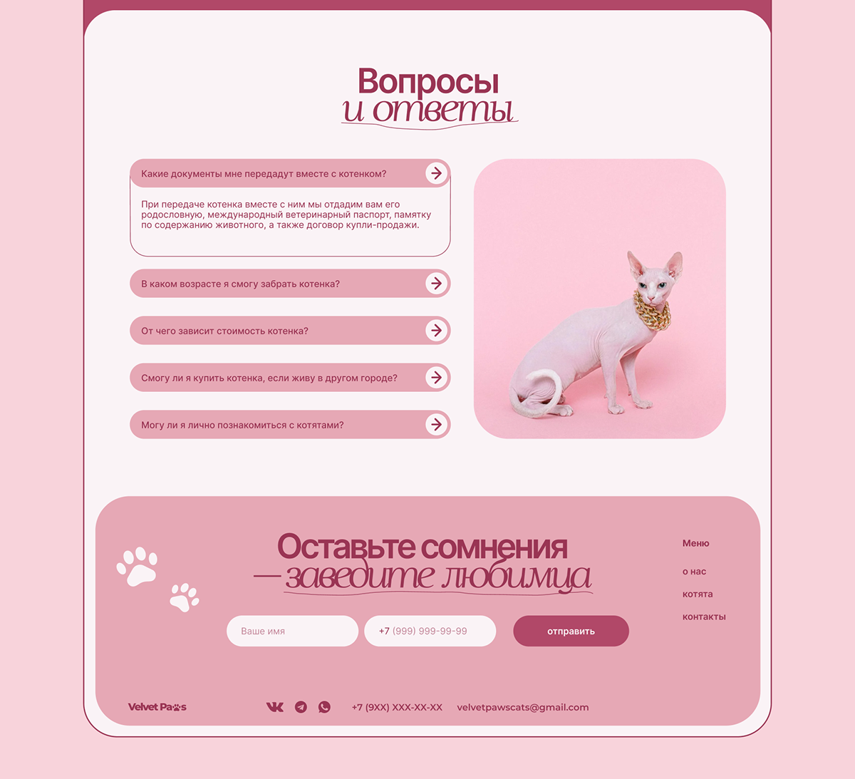 Сайт питомника канадских сфинксов Velvet Paws — Изображение №12 — Интерфейсы на Dprofile