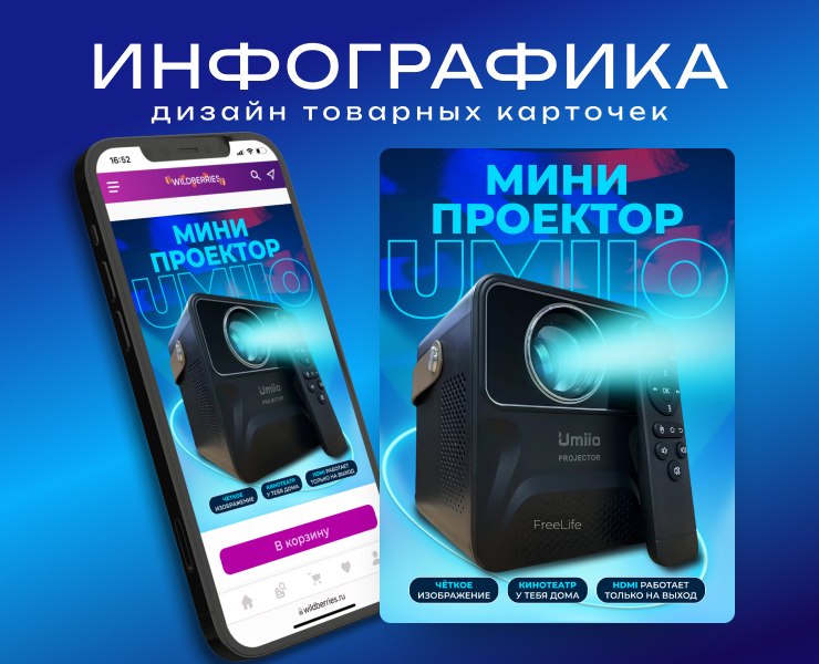 Карточка товара на мини проектор для ВБ — Графика, Маркетинг на Dprofile