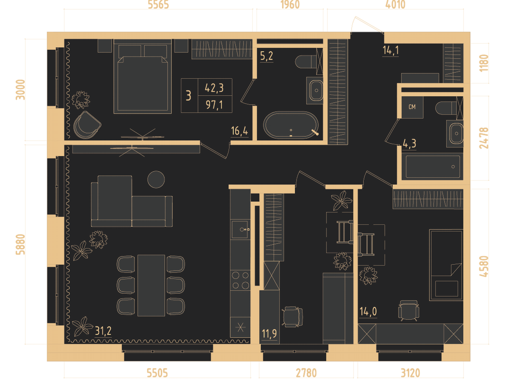 2D/3D планировка 3к-квартиры 97,1 м² — Изображение №1 — Иллюстрация, 3D на Dprofile