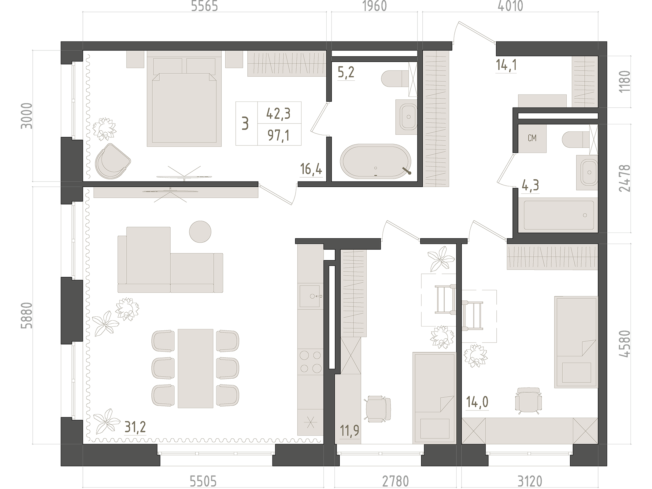 2D/3D планировка 3к-квартиры 97,1 м² — Изображение №2 — Иллюстрация, 3D на Dprofile