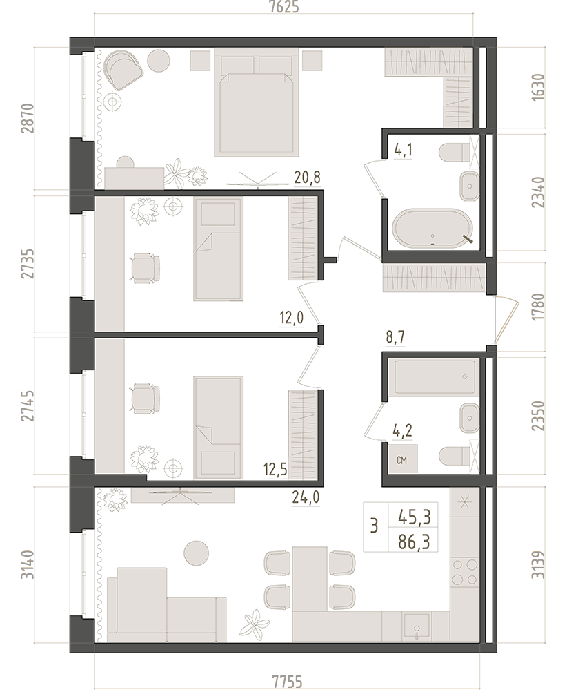 2D/3D планировка 3к-квартиры 86,3 м² — Изображение №2 — Иллюстрация, 3D на Dprofile