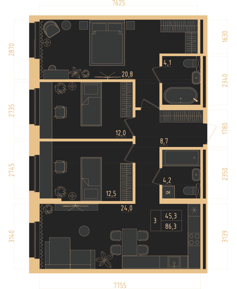 2D/3D планировка 3к-квартиры 86,3 м² — Изображение №1 — Иллюстрация, 3D на Dprofile