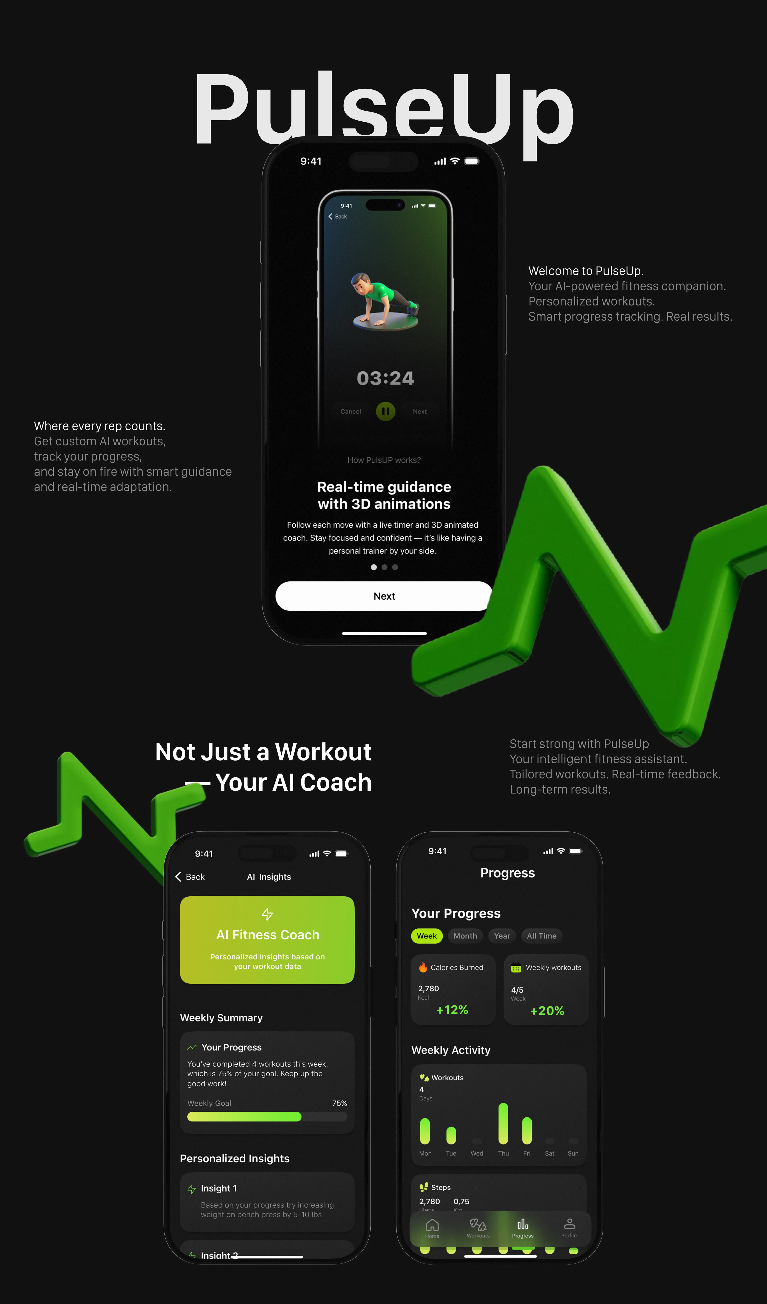 PulseUp – AI Fitness App | UI/UX Design — Изображение №3 — Интерфейсы, Анимация на Dprofile