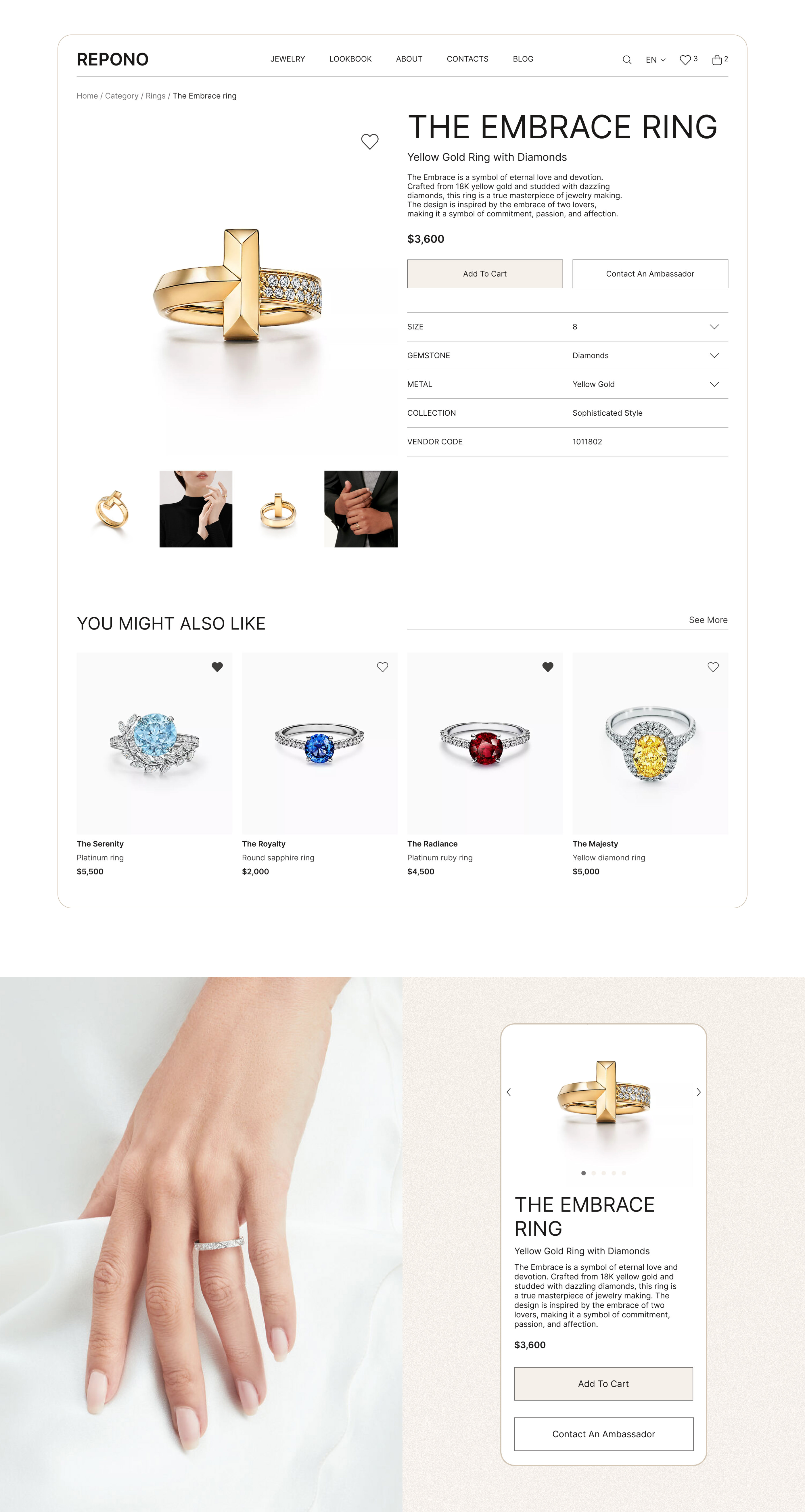 REPONO JEWELRY | E-commerce website design — Изображение №4 — Интерфейсы, Брендинг на Dprofile