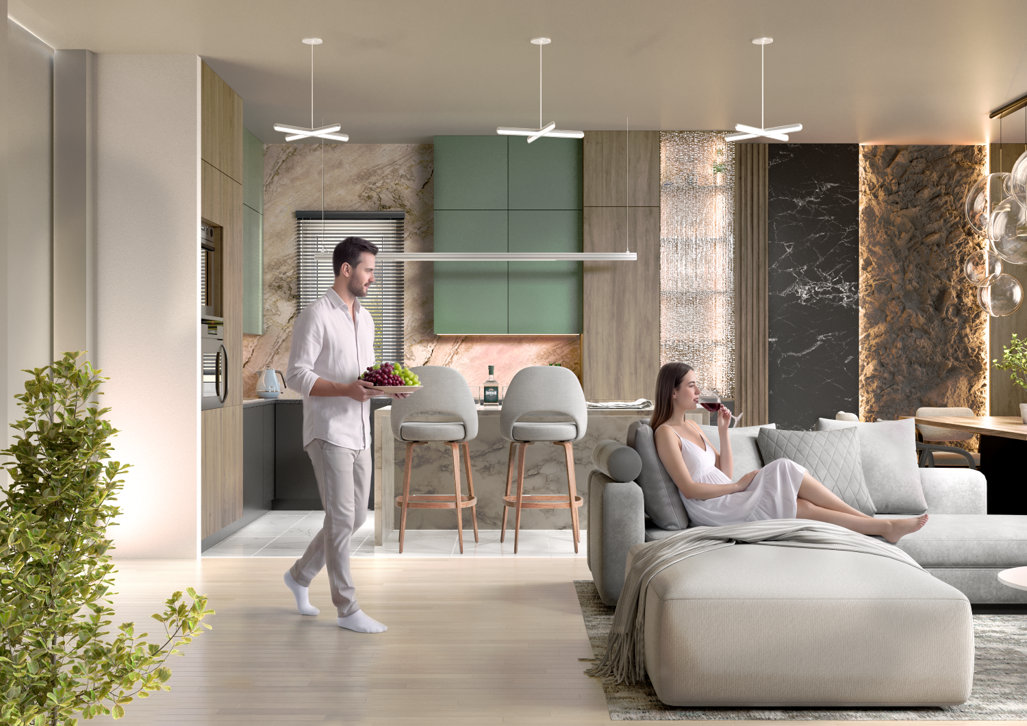 Emerald & Stone | Kitchen-Living Room CGI — Изображение №6 — 3D, Архитектура на Dprofile