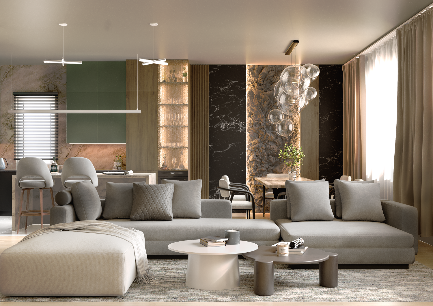 Emerald & Stone | Kitchen-Living Room CGI — Изображение №1 — 3D, Архитектура на Dprofile