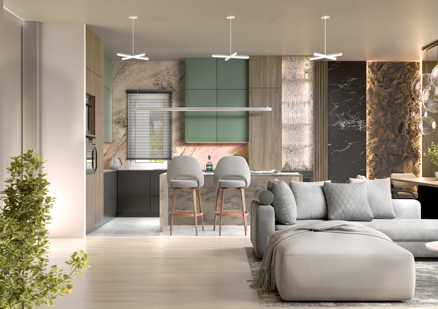 Emerald & Stone | Kitchen-Living Room CGI — Изображение №3 — 3D, Архитектура на Dprofile
