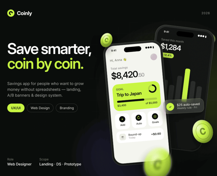 Coinly — лендинг приложения для накоплений & Дизайн-система — Интерфейсы на Dprofile